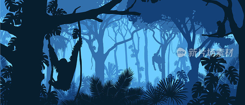 Beautiful vector landscape of a rainforest jungle with orangutan monkeys and lush foliage in blue colors.